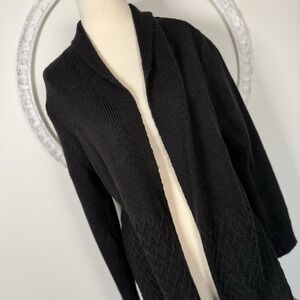 Chicos Women Cable Knit Stitch Cardigan Sweater Open Front 1 M Open Front Black